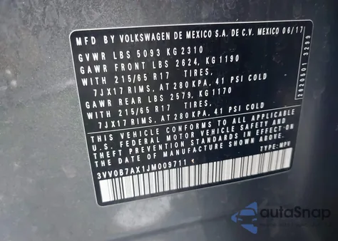 2018 Volkswagen Tiguan 2.0T S from USA, damaged, VIN 3VV0B7AX1JM009711